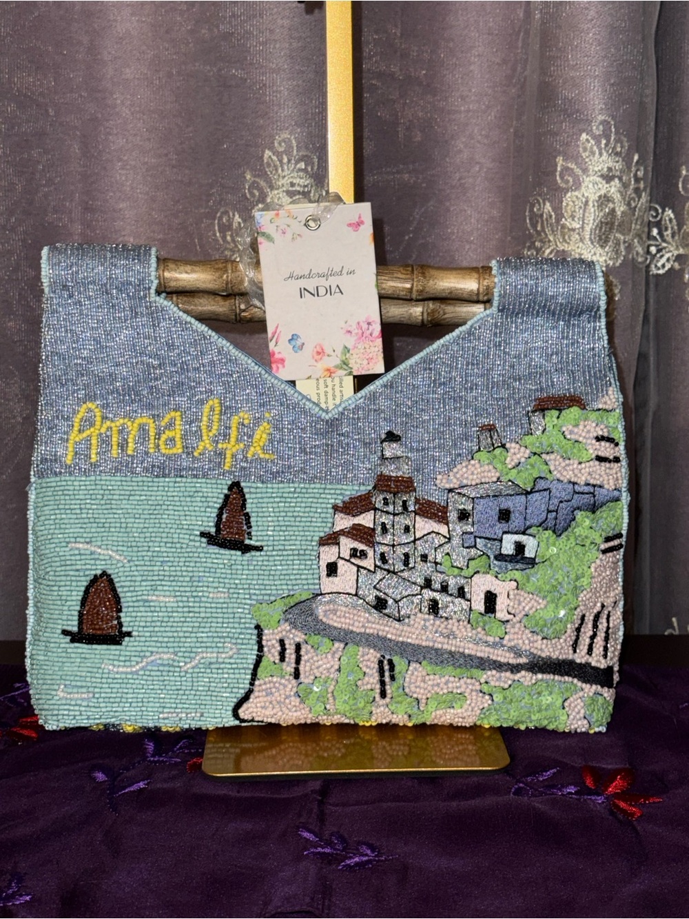 NWT Handcrafted in India Amalfi Coast Beaded Bamboo Handle Bag